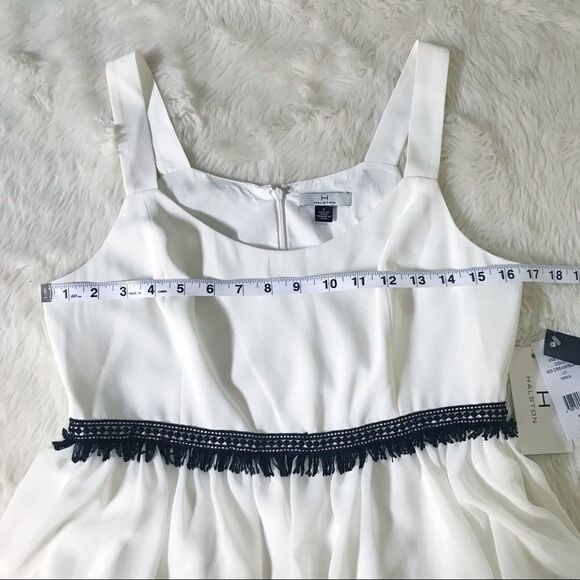HALSTON White Black Sleeveless Fringe Cocktail Dress Tiered‎ Ruffle Size 6 New - Picture 12 of 15